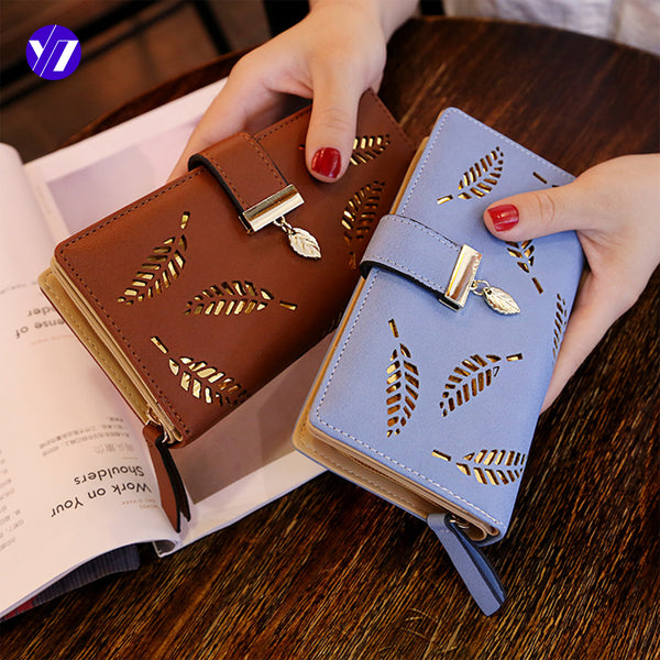 Cross-border women's wallet sweet lady PU leather horizontal zipper bag clip girls long carry-on hollow leaf change bag