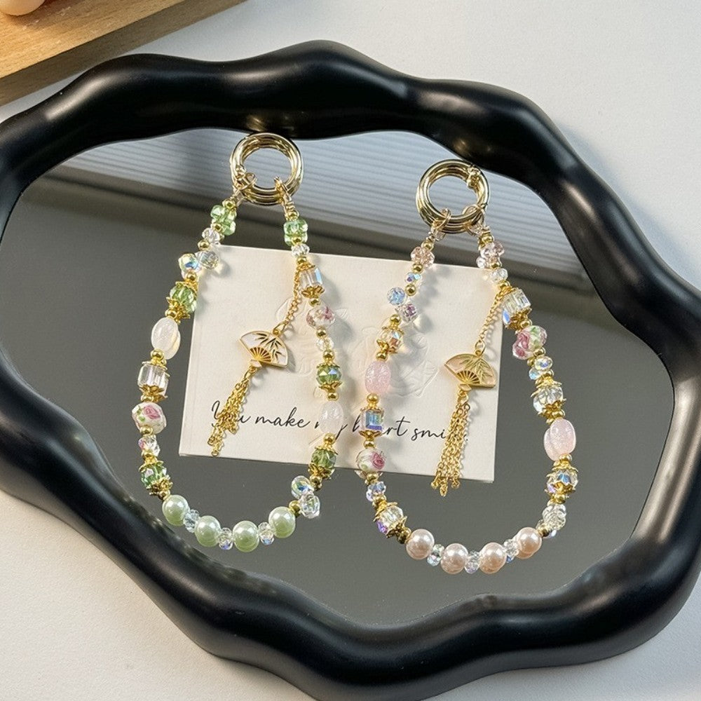 Chinese style alloy fan tassel mobile phone case lanyard handmade beaded glass flower crystal mobile phone chain bag hanging decoration