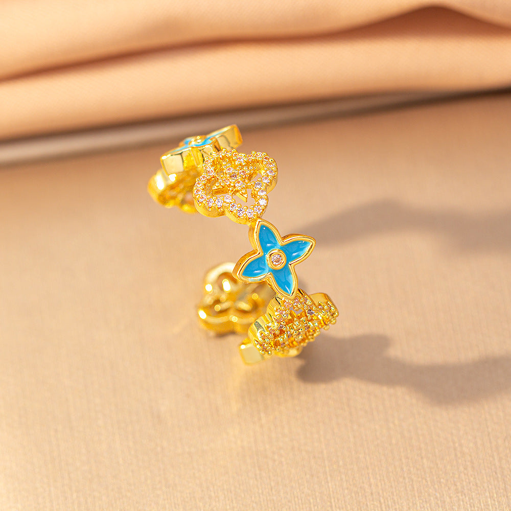 Copper micro-embedded diamond four-leaf clover hot-selling open ring female niche styleinsfashionelegantaccessible luxury ring jewelry