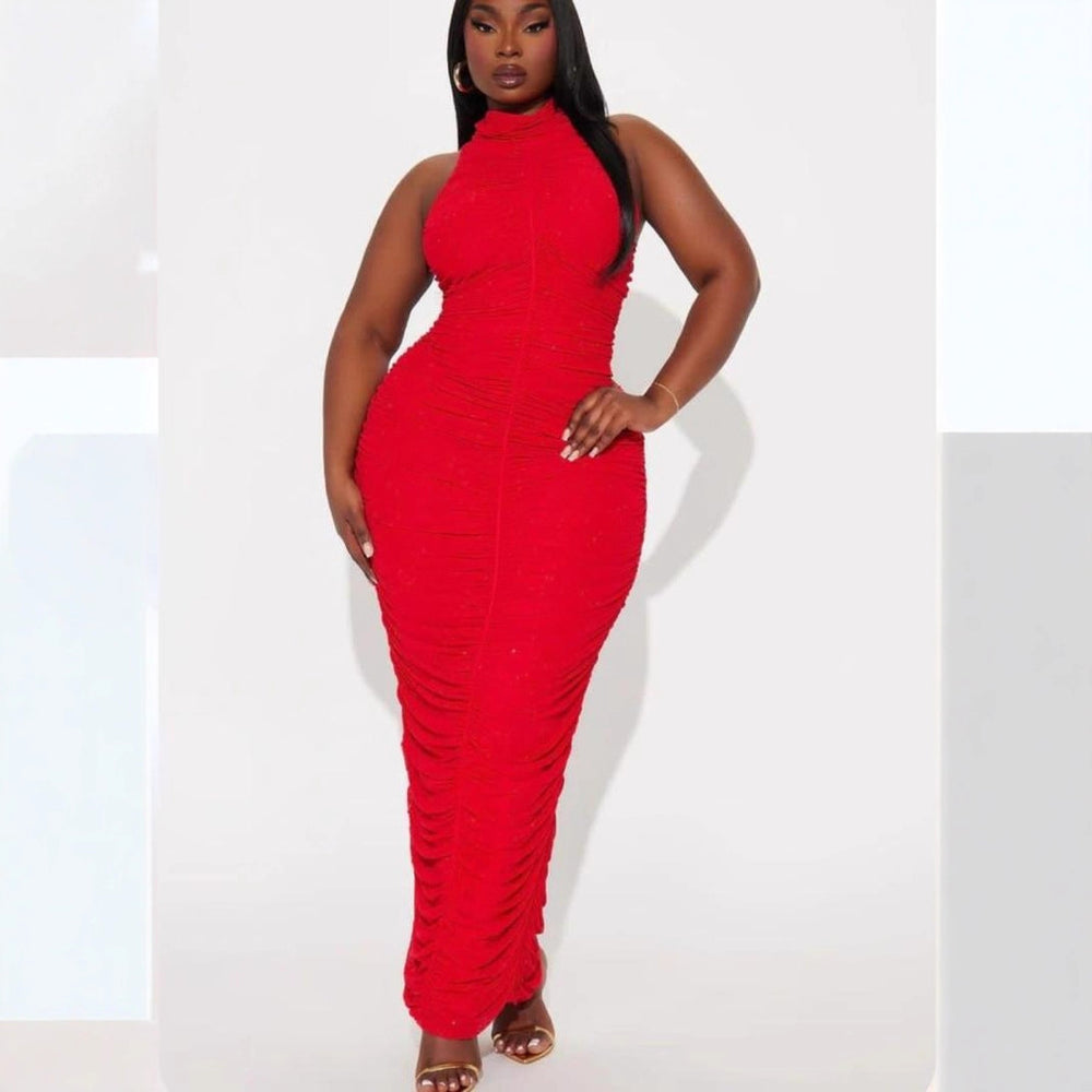 Solid color hotfix rhinestone high neck ruched patchwork sexy sleeveless maxi dress set - direct from  &  manufacturers