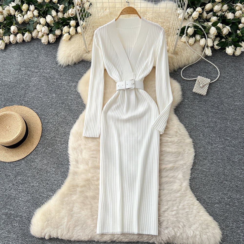 Minimalist chic solid color knit dress - women's autumn collection: criss-cross neck, belted waist, slim fit, stunning maxi dress