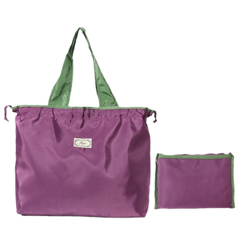 Solid color folding shopping bag, waterproof storage bag, portable supermarket grocery bag, large capacity drawstring, environmentally friendly handbag.