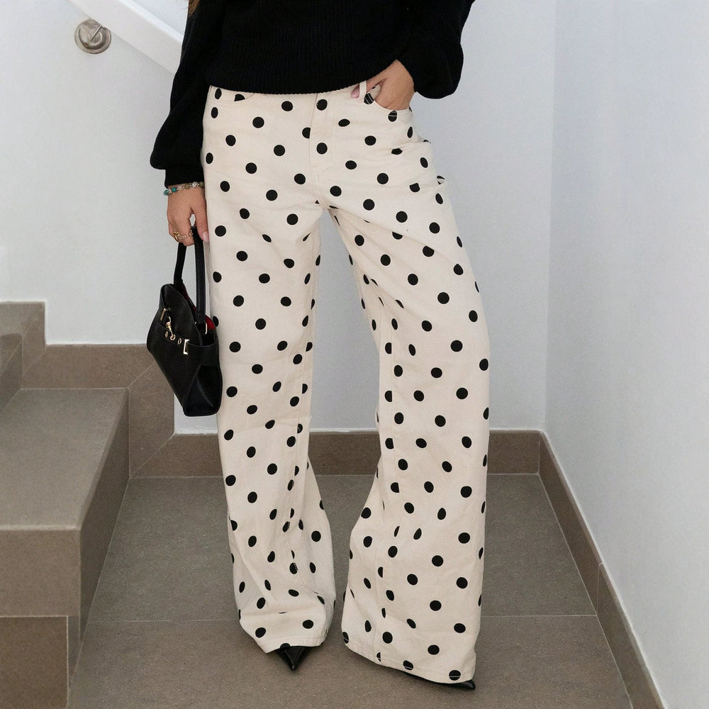 European and american retro polka dot print wide leg jeans women's high waist drapey loose floor-length american style straight leg pants