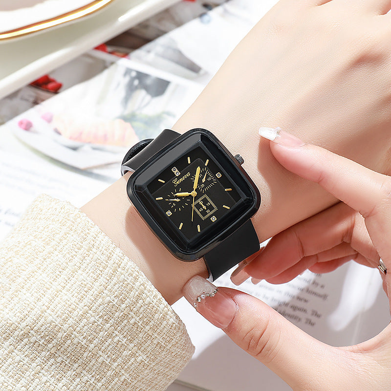 Square fashion autumn/winter niche student watch, minimalist silicone strap, korean style ins women's quartz watch, black