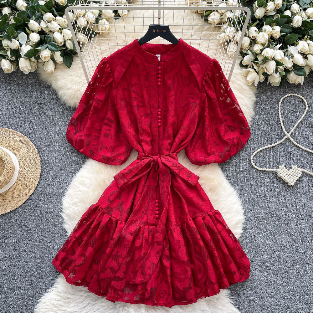 Accessible luxury palace style puff sleeve dress women's summer mesh embroiderpatchwork stand collar design elegant royal sister short skirt