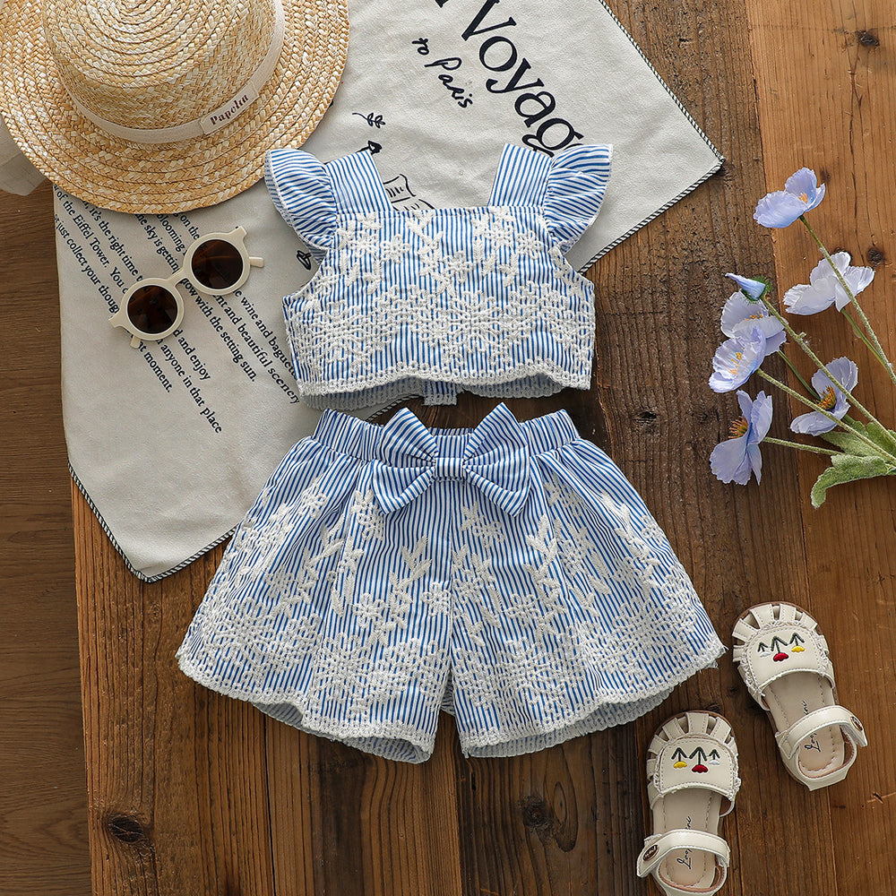 spring/summer cross-border exclusive: premium embroidered flutter sleeve top + bowknot shorts two-piece set for infants and toddlers