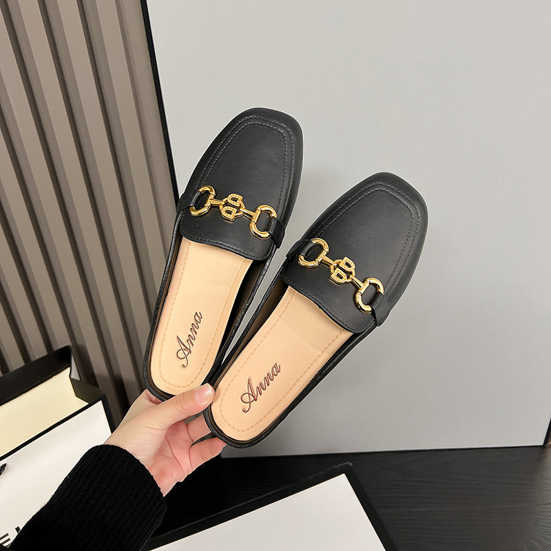 2025 summer fashion loafers: retro gold buckle pvc slip-ons with hidden wedge heel - women's comfortable half-slippers