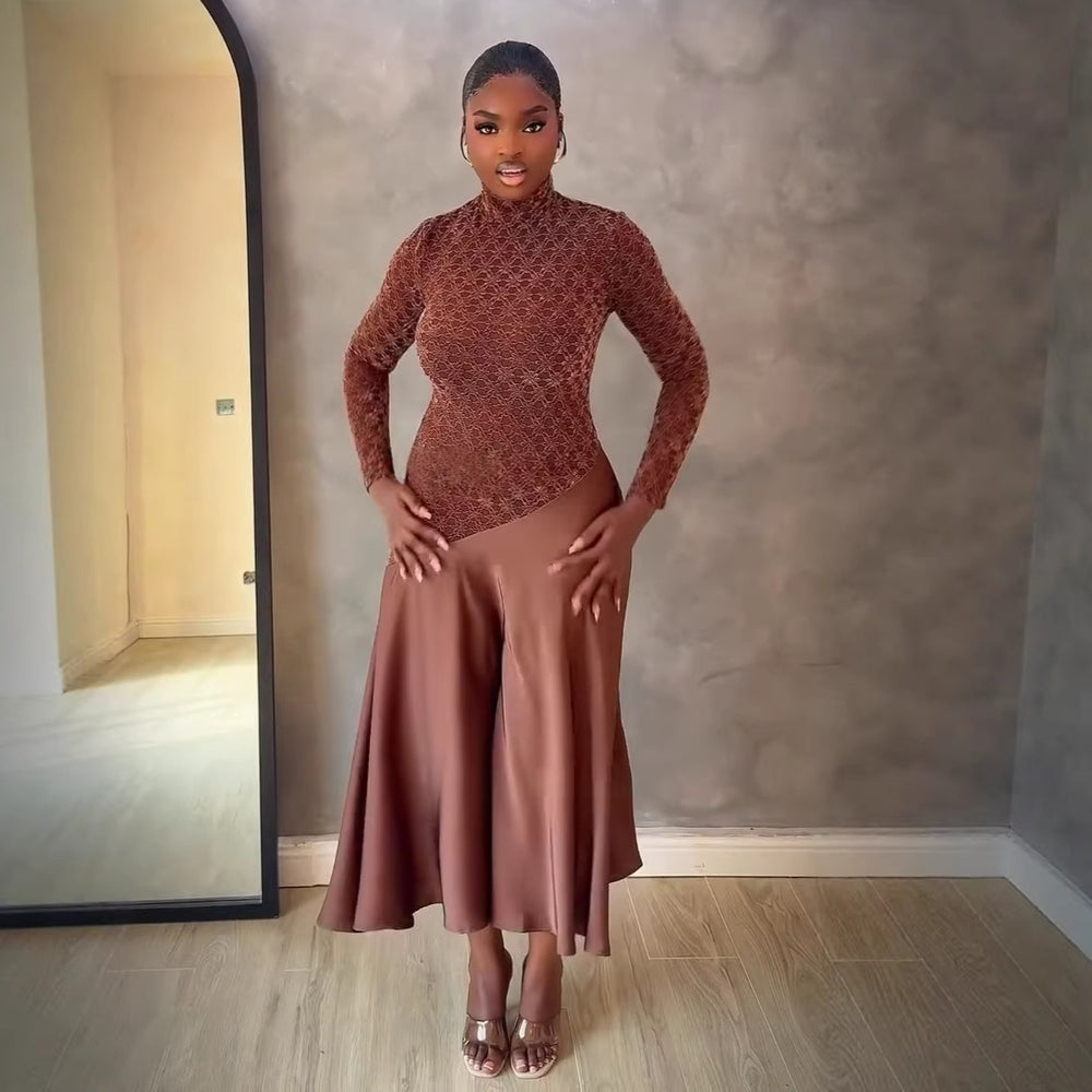 European and american cross-border women's fashion:  spring new arrival - elegant mock neck brown patchwork a-line midi dress