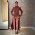 European and american cross-border women's fashion:  spring new arrival - elegant mock neck brown patchwork a-line midi dress