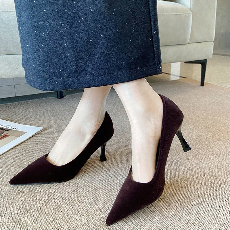 Black suede pointed-toe stiletto heels - versatile dress shoes for women, perfect for work or everyday wear, 2025 collection