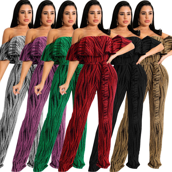 2022  spring European and American women's clothing, one-word shoulder tube top short-sleeved striped bright jumpsuit casual pants