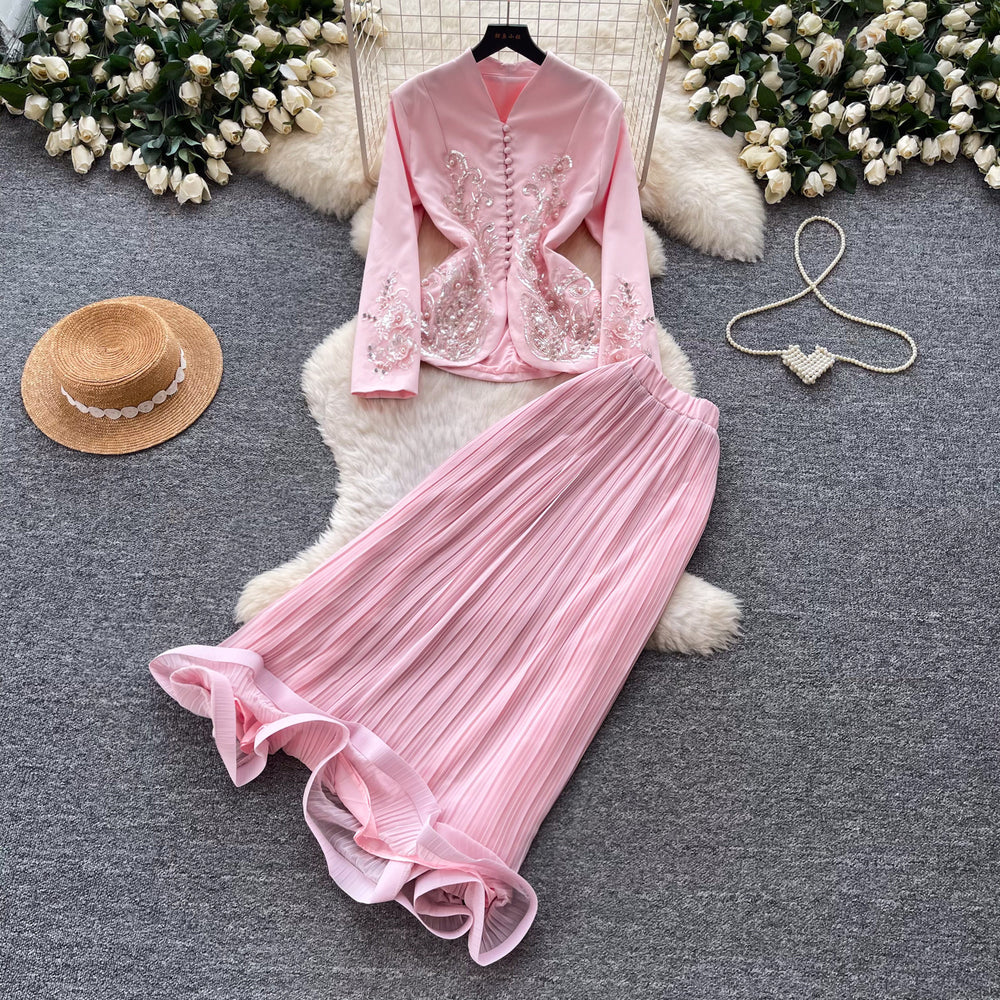 French chic v-neck embroidered jacket & high-waisted pleated skirt two-piece set - elegant & luxurious for spring/autumn