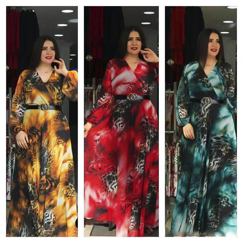 Aliexpress  fashion africa cross-border supply plus size women's clothing printingv neck light mature a large swing chiffon dress