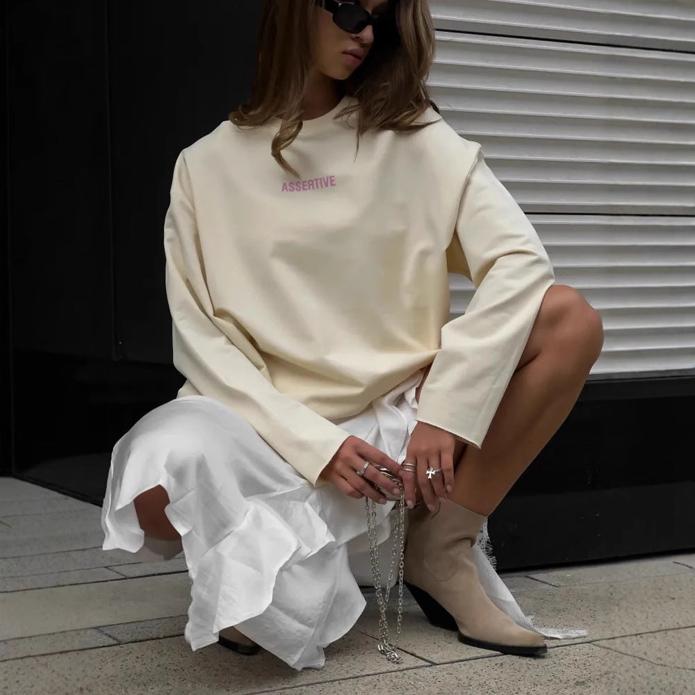 European and American  women's clothing spring and summer loose solid color Oversize round neck long-sleeved casual T-shirt fashion sweater