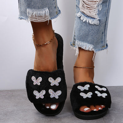 2024 new fuzzy slippers - autumn/winter butterfly slides, wholesale cotton house slippers with rhinestone embellishments, women's plush slippers for outdoor wear