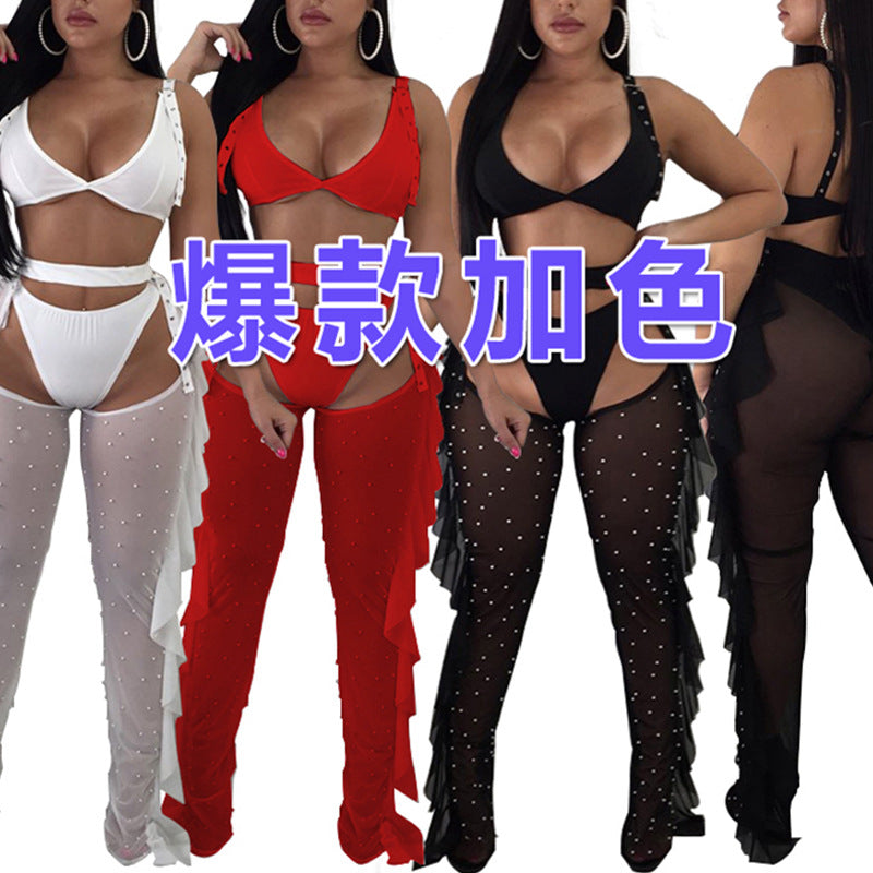 new arrival: cross-border  fashion - european & american style sexy mesh beaded ruffle trim bodycon set - tiktok trending