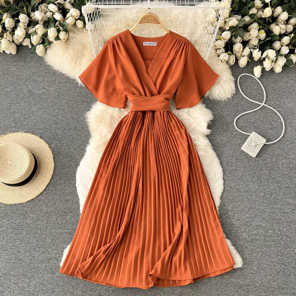 French pleated silmlong holiday style chiffon pleated long skirt pure colorelegantv necknew arrivalfrenchdress