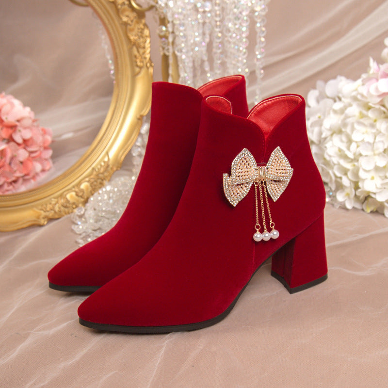 Winter wedding shoes for women 2023new arrival xiuhe wedding dress two-wear thick heel wedding shoes bridal shoes high heels not tiring feet
