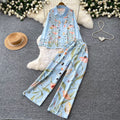 Korean style commute chic floral print two-piece set: women's autumn polo shirt and wide-leg pants outfit