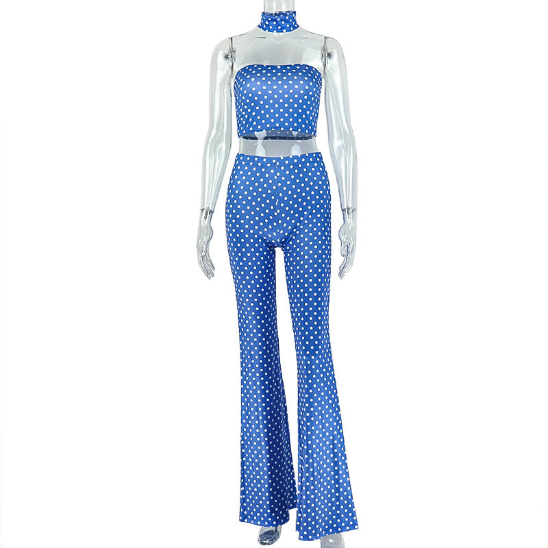 Fashionexportniche stylestylish women's polka dot sexy pants suit chest wrap silm wide leg backless yoga two-piece set