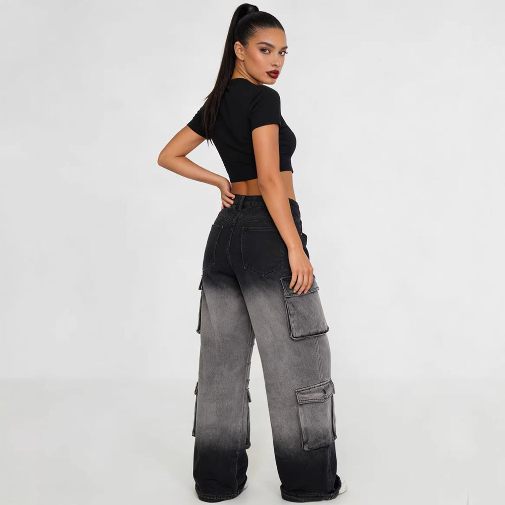 European and american style women's denim cargo pants -  cross-border fashion - streetwear gradient color multi-pocket straight leg jeans