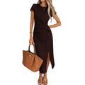 Amazon foreign trade retro modern brown short-sleeve cinched waist slit midi dress - elegant and chic for women