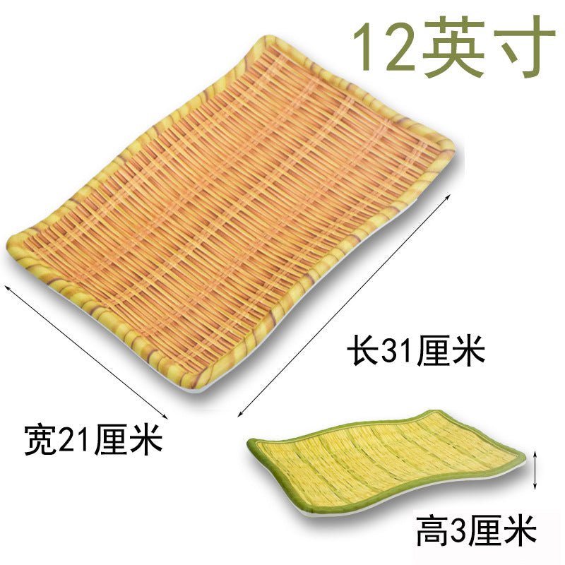Bamboo woven disc plastic hot pot dish plate restaurant large plate barbecue plate farmhouse tableware green roast chicken plate banquet