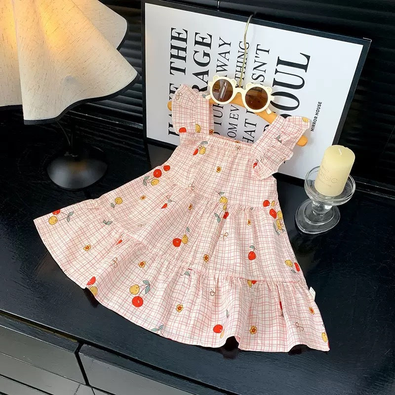 [family wear] children's cotton silk suspender dress sleeveless cake skirt summer thin flying sleeve western style floral skirt