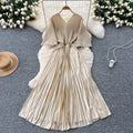 Miya european and american pleated dress for women summerclassyaccessible luxuryv neck bat sleeve waist metal pleated long skirt