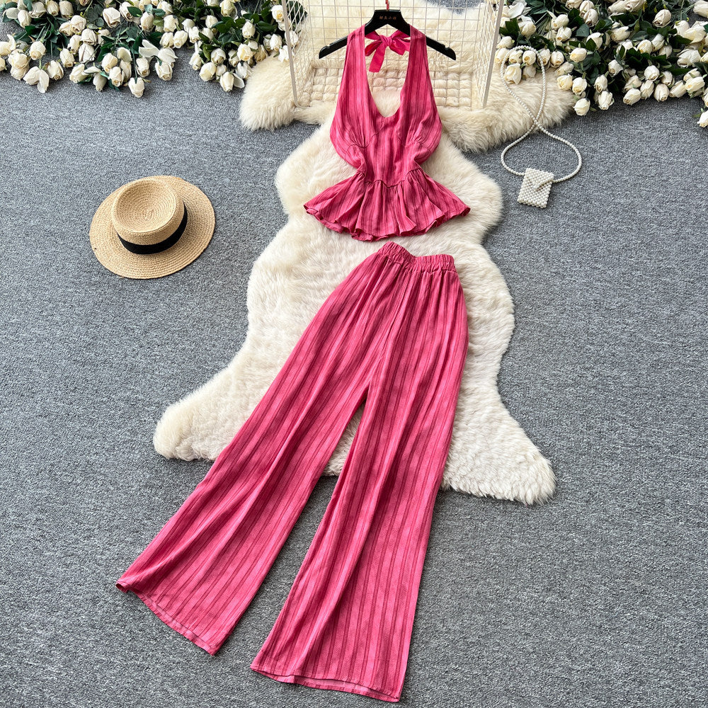 Vacation style halter strap vest high waistloose pantstwo-piece set women's summer silm style atmosphere fashionsuit