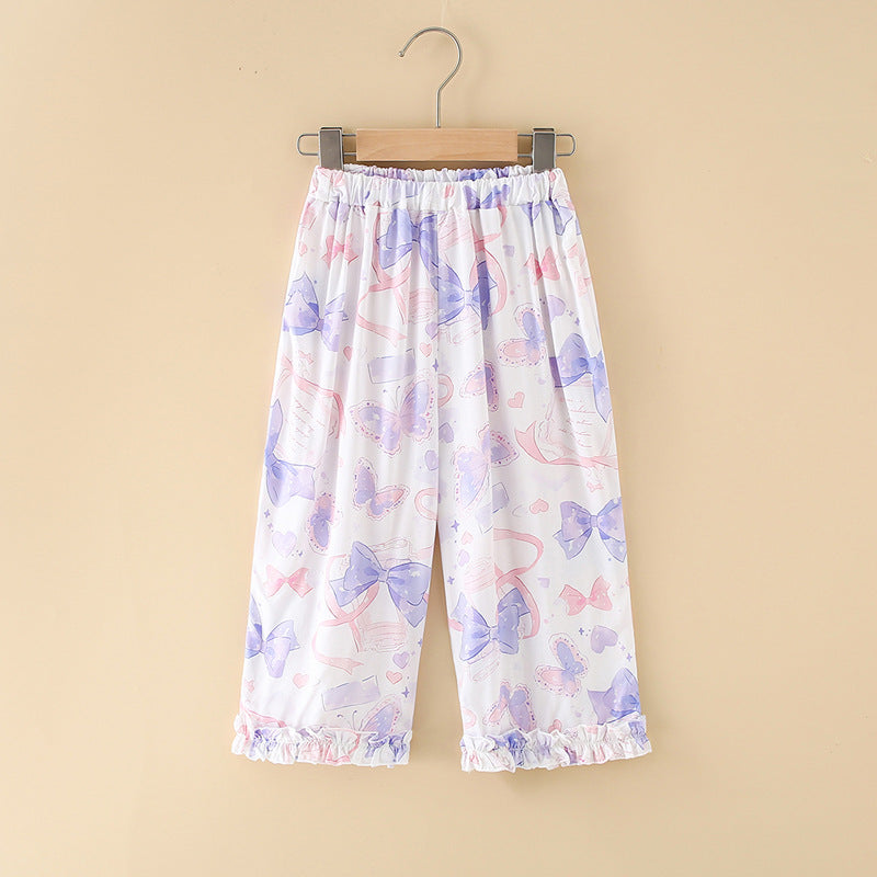 Girls' rayon summer lightweight pajama pants - cartoon print, loose fit, breathable, can be worn outdoors, cropped length