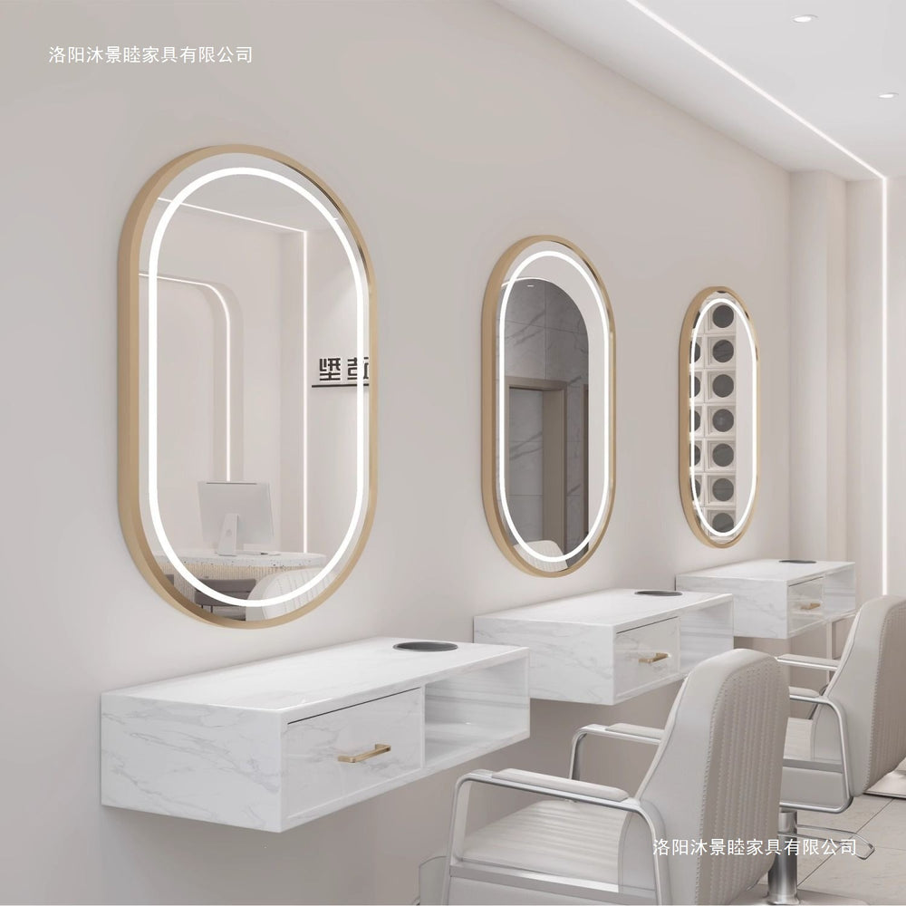 Influencer-approved barber shop mirror table, salon wall-mounted minimalist hairdressing mirror, touch-control led hairdressing mirror