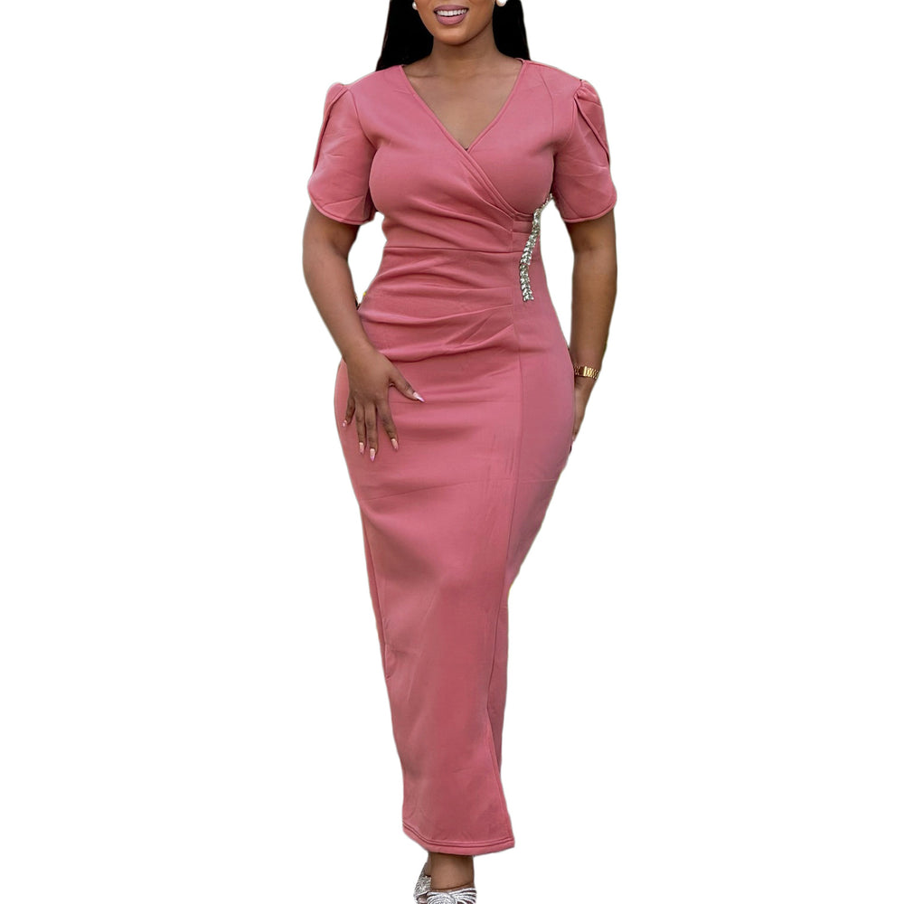 D579 women's foreign trade dress  new fashion elegant v-neck evening party maxi dress rhinestone african style dress