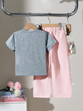 spring/summer new arrival: cross-border girls' collegiate style printed short-sleeve two-piece set with 3d bowknot pants