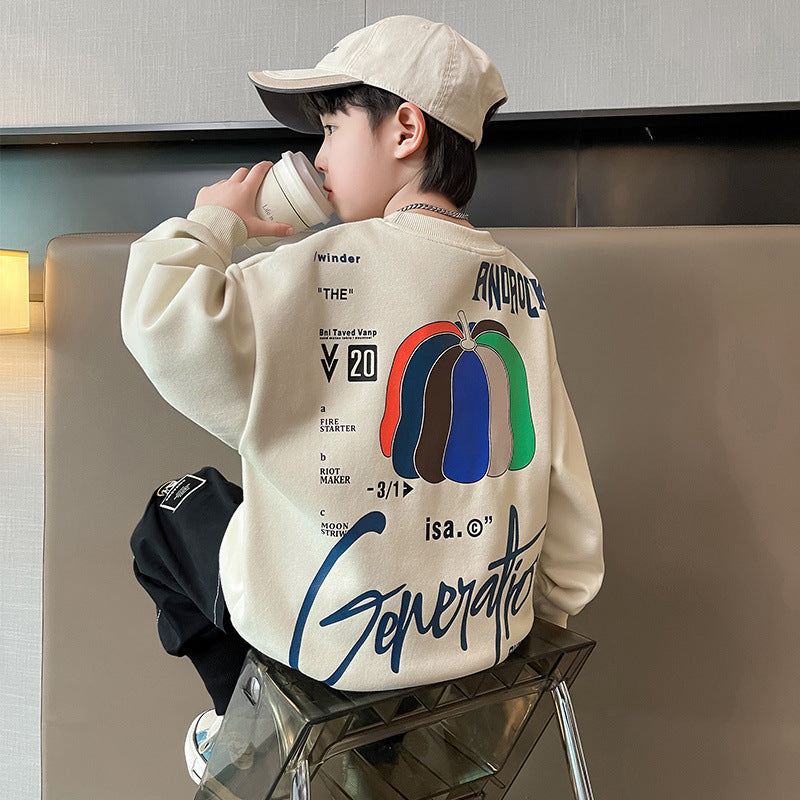 Kids'  autumn/winter fashion letter print loose fit casual fleece-lined sweatshirt - stylish and cool long sleeve for boys