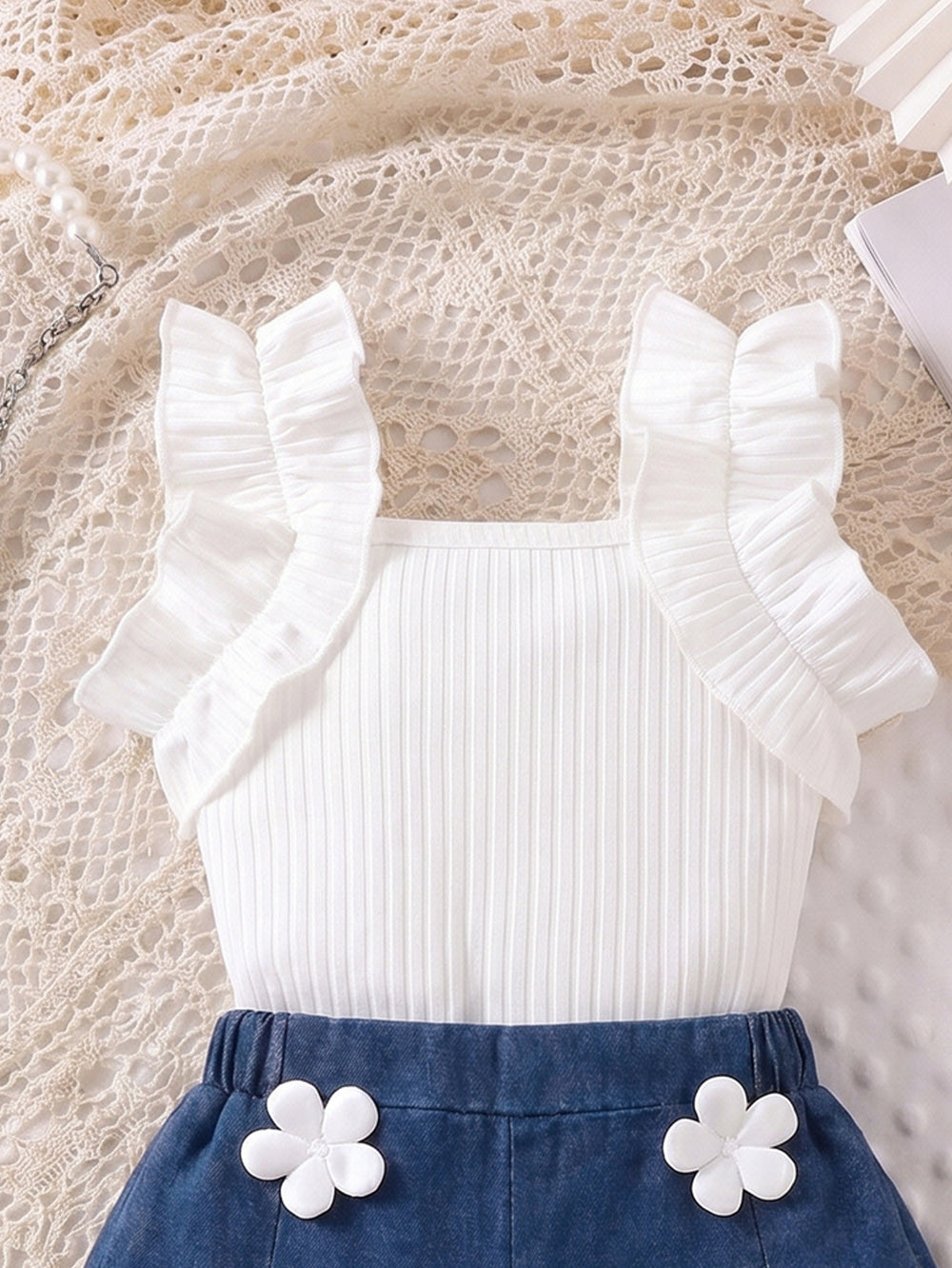 cross-border girls' fashion set: european & american style ruffle top + 3d floral washed denim jeans