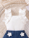 cross-border girls' fashion set: european & american style ruffle top + 3d floral washed denim jeans
