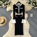 Xiaoxiangfengclassy contrast color bell sleeves knittingdress women's autumn wear new arrival tight hip covering sweater skirt