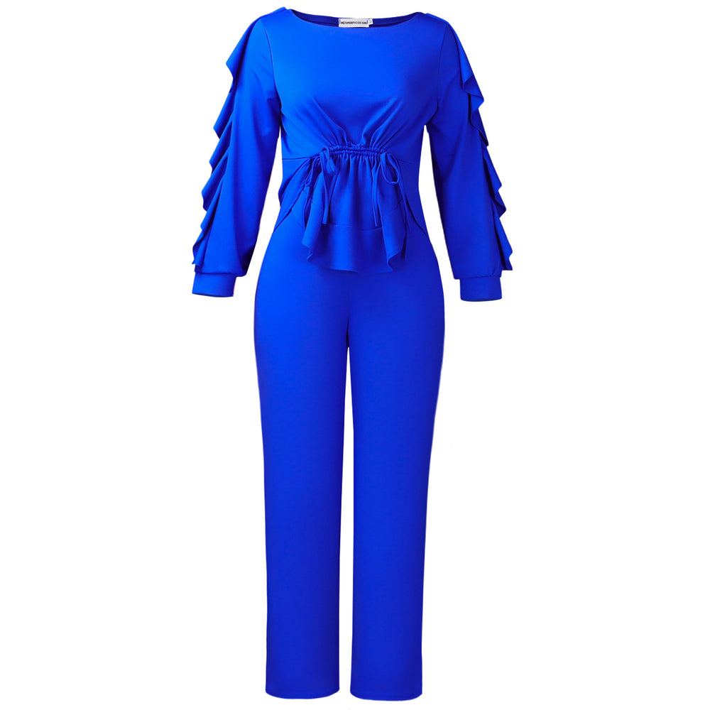 D3345exportfashionelegance winter elastic ruffles drawstring long sleeves waist tops pants cross-border two-piece set