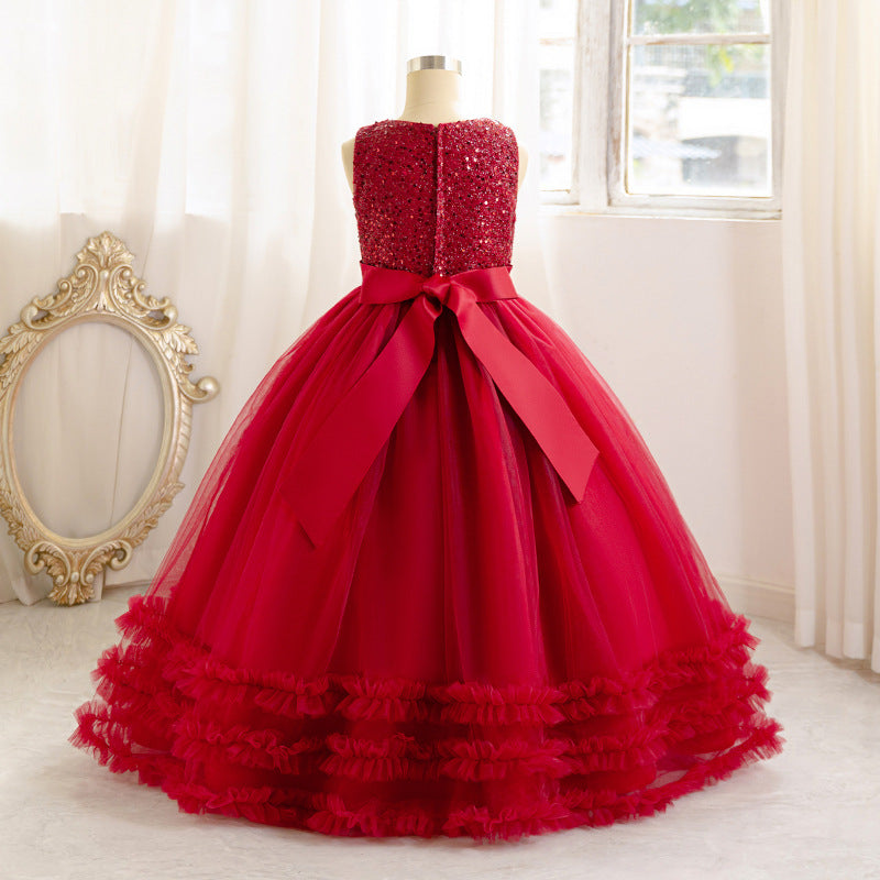 fashion style girl dress red classylong flower girl wedding dress evening dress mesh tutu skirt personalized model