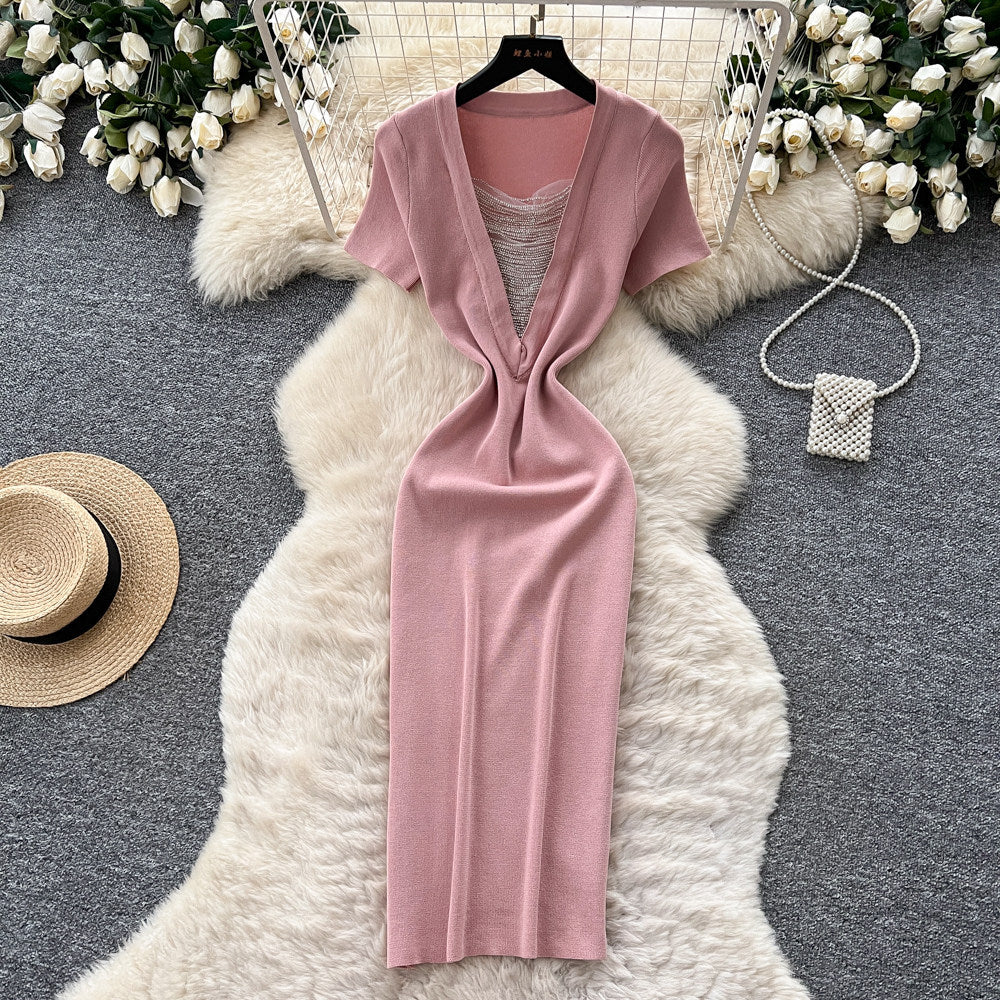 K-style square collar knitting casualcasualdress women's short-sleeved a-line skirt work clothingslimming lookelegantsexy skirt
