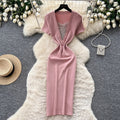 K-style square collar knitting casualcasualdress women's short-sleeved a-line skirt work clothingslimming lookelegantsexy skirt