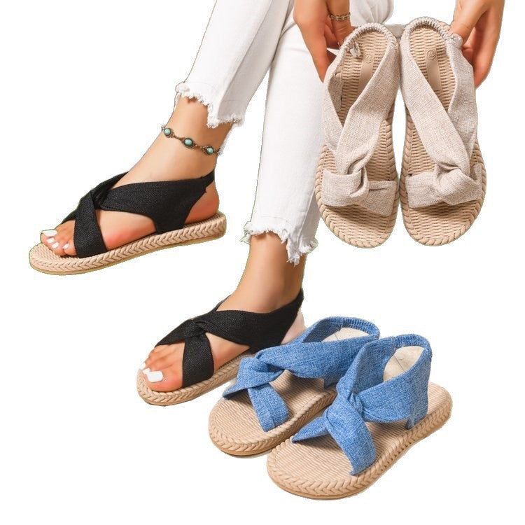 Wholesale women's plus size  new fabric southeast asian straw woven lightweight flat cross-strap sandals for export