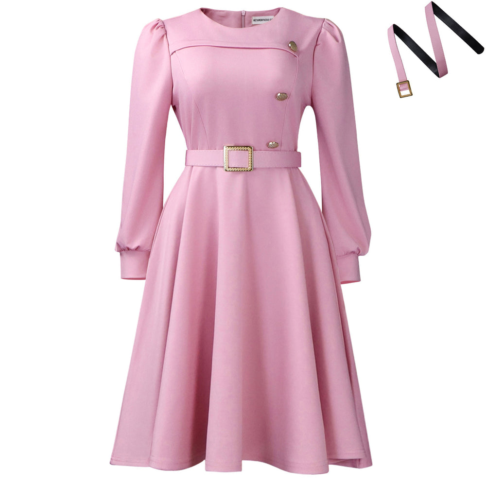 D3349 european and american cross-border new round neck long sleeve high waist a-line dress elegant party solid color foreign trade african dress