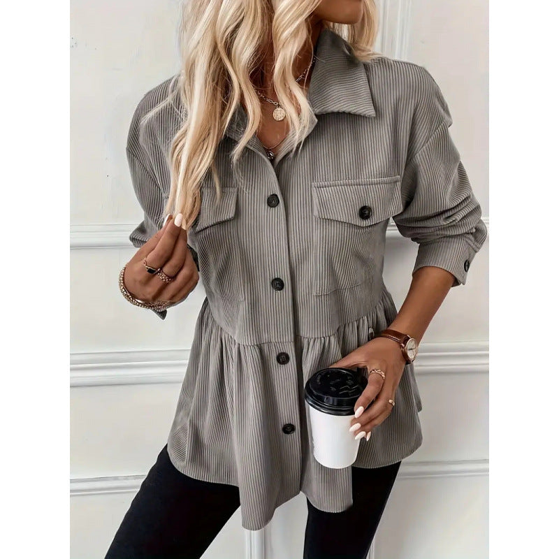 Shipped: women's corduroy ruffle button-down shirt - long sleeve casual top with pockets and ruffled hem