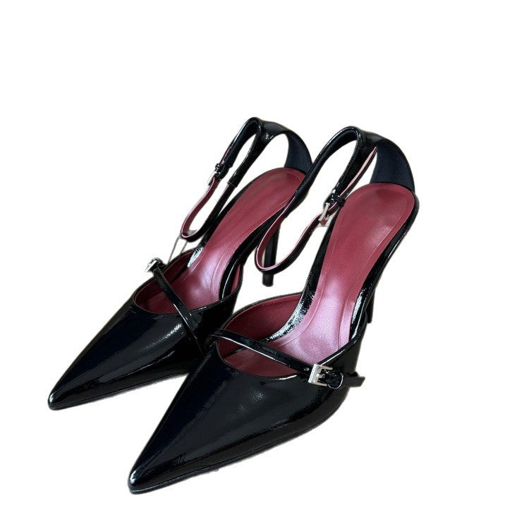 Spanish 2025 summer new arrivals: sexy hollow-out women's black patent leather ankle strap buckle pointed-toe stiletto mules