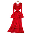 Classy sense cut out crochet bell long sleeves knittingdress female heart v neck single breasted cardigan waist long skirt