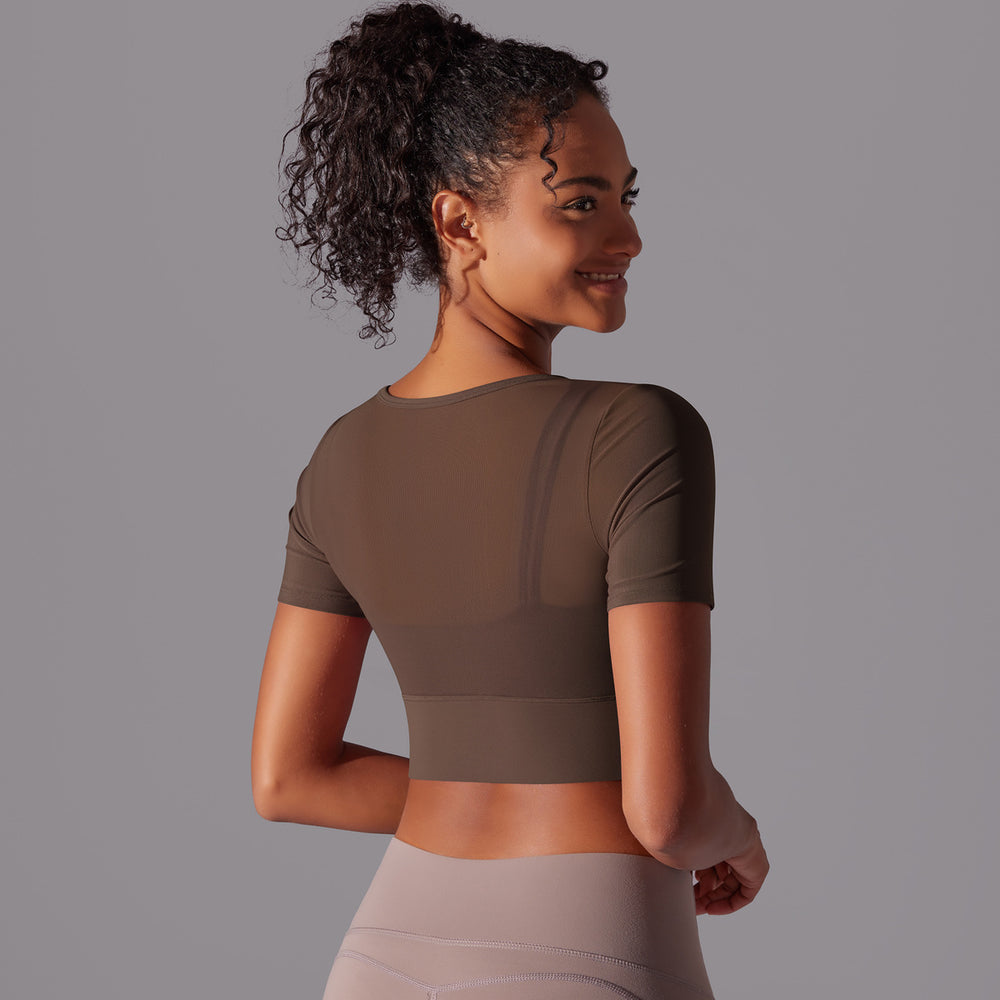 Classic solid color mesh panel sexy double-layer short sleeve cami bra top - running, fitness, and yoga activewear for women