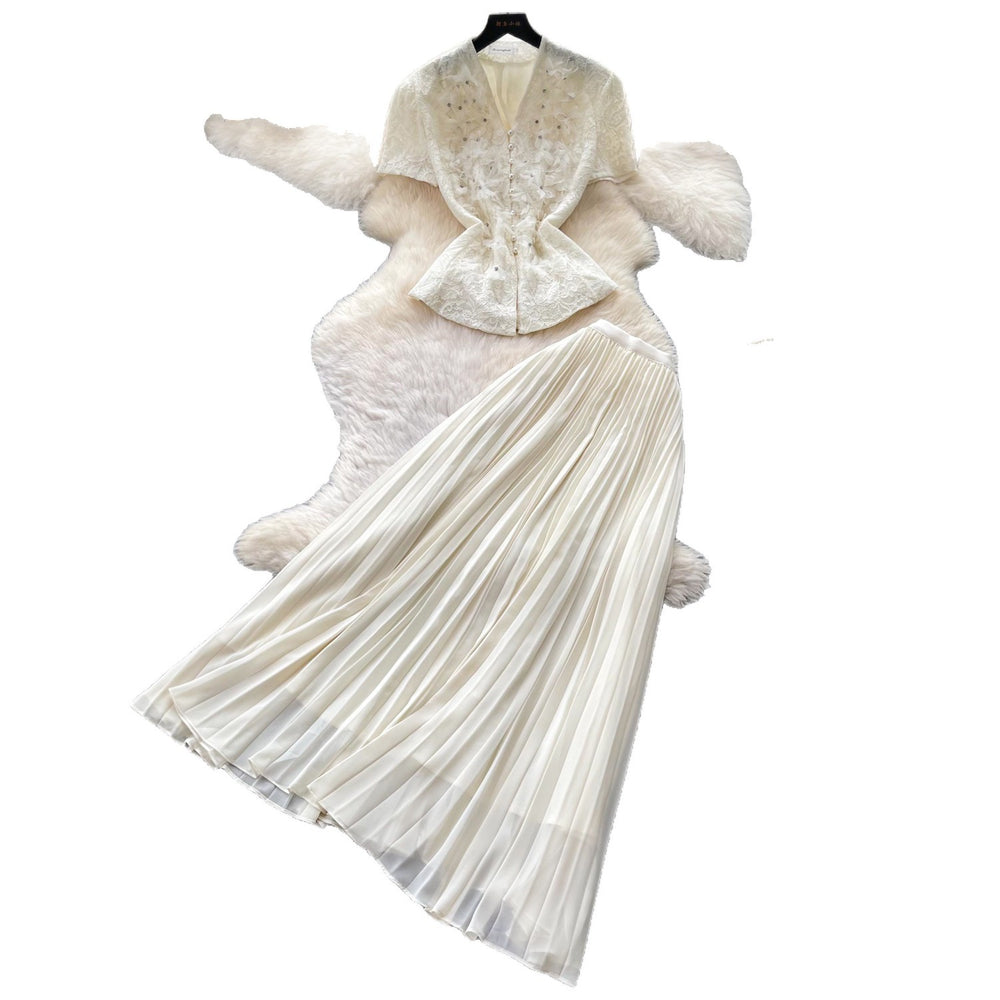 French chic v-neck lace embroidered top & high-waisted pleated skirt two-piece set - elegant & slimming summer outfit