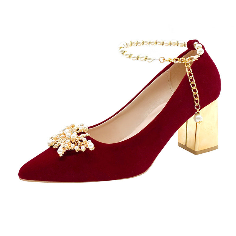 Wedding shoes for women with thick heels 2023fall and winternew arrival bride red non-tiring feet wedding dress high heels shoes xiuhe clothes two wears